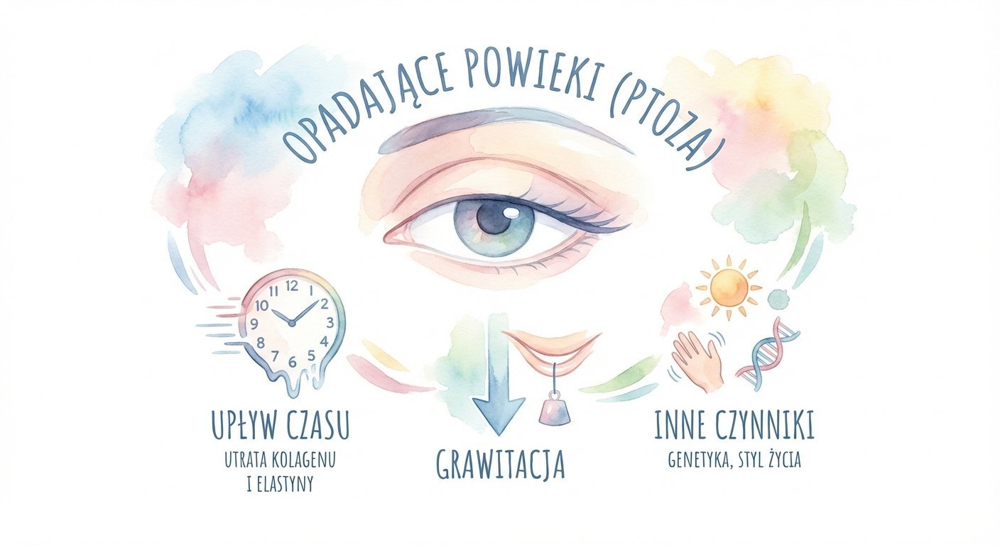 Ilustracja przyczyn opadających powiek (ptozy): upływ czasu, grawitacja oraz genetyka i styl życia.