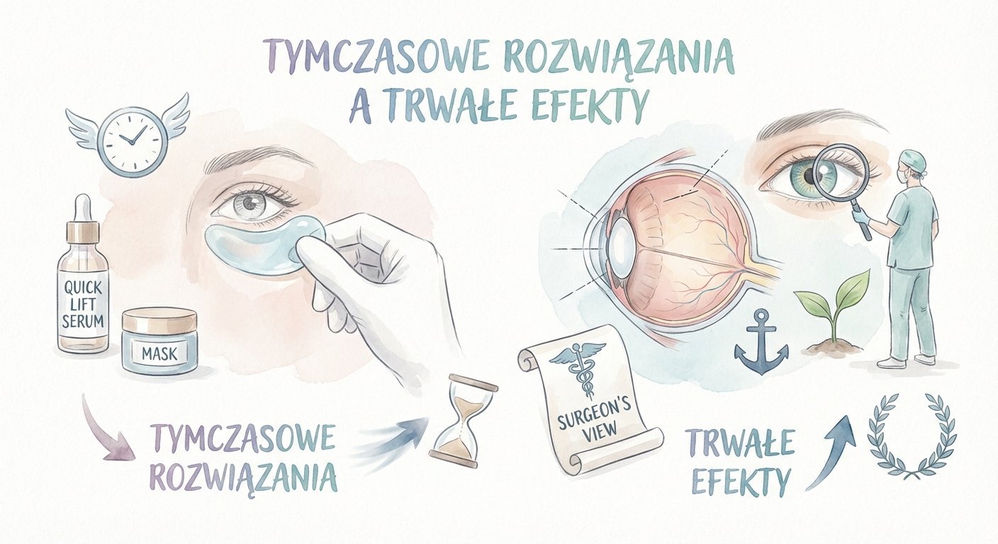 Ilustracja porównująca tymczasowe rozwiązania (kosmetyki, maski) z trwałymi efektami (chirurgia oka, specjalista) dla poprawy estetyki i wzroku.