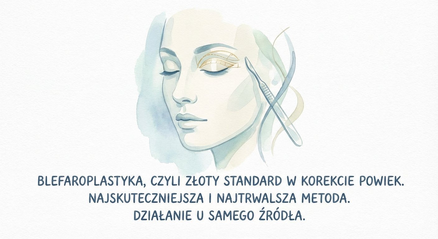 Akwarelowa ilustracja przedstawiająca kobiecą twarz z zaznaczonymi liniami chirurgicznymi na powiekach, skalpel i kleszcze. Tekst o blefaroplastyce.