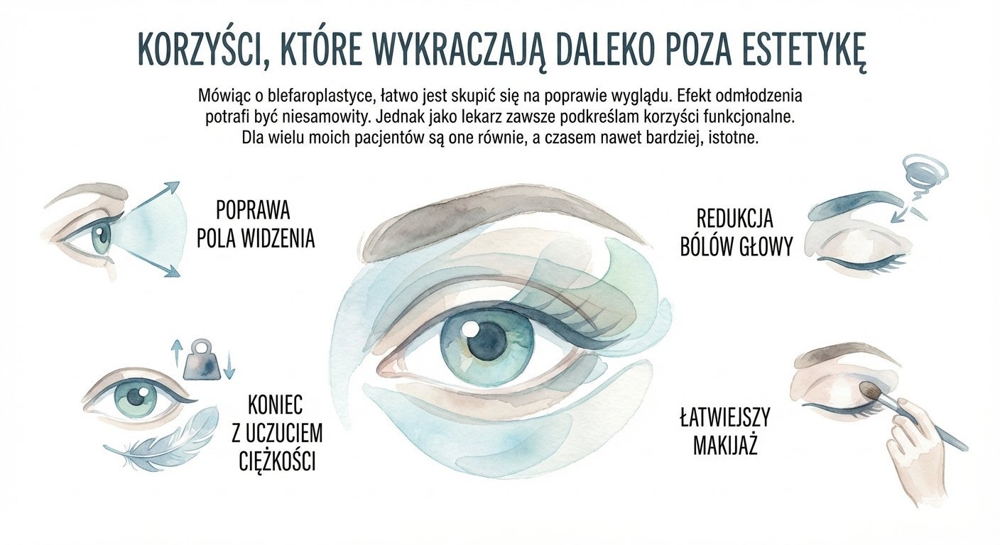 Obraz przedstawia korzyści blefaroplastyki: poprawa widzenia, redukcja bólów głowy, koniec uczucia ciężkości powiek, łatwiejszy makijaż.