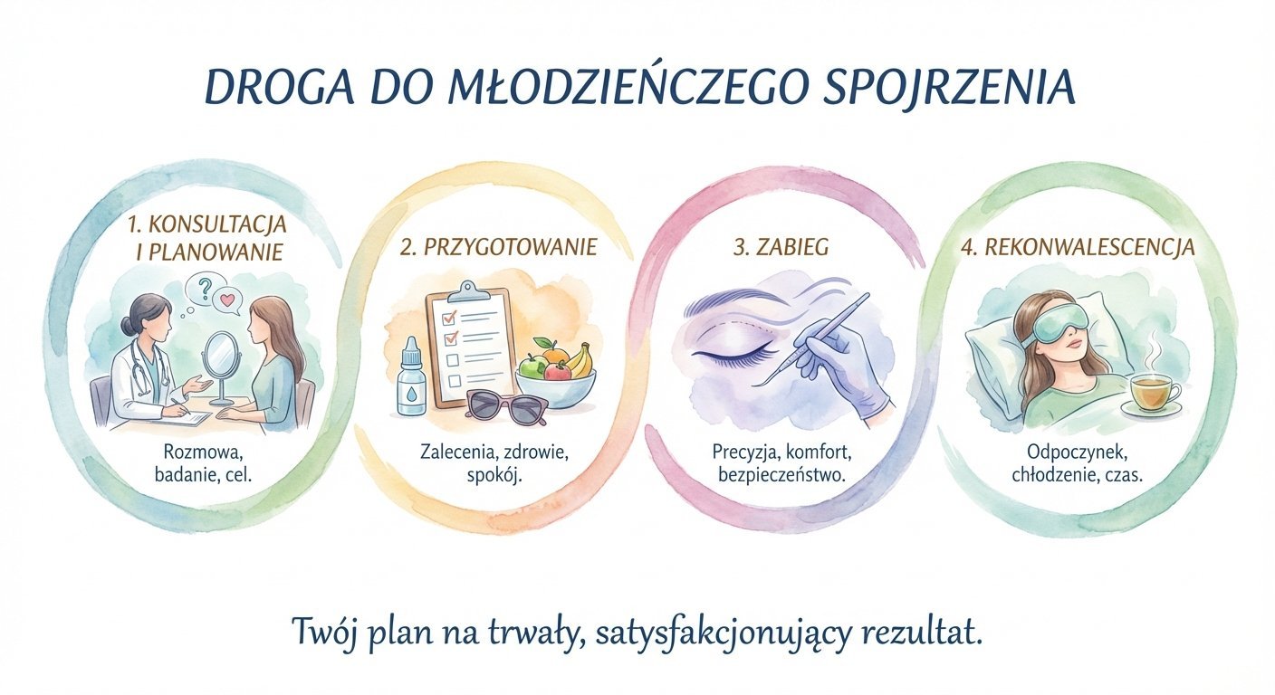 Obraz przedstawia czteroetapowy proces uzyskania młodzieńczego spojrzenia: konsultacja, przygotowanie, zabieg i rekonwalescencja.