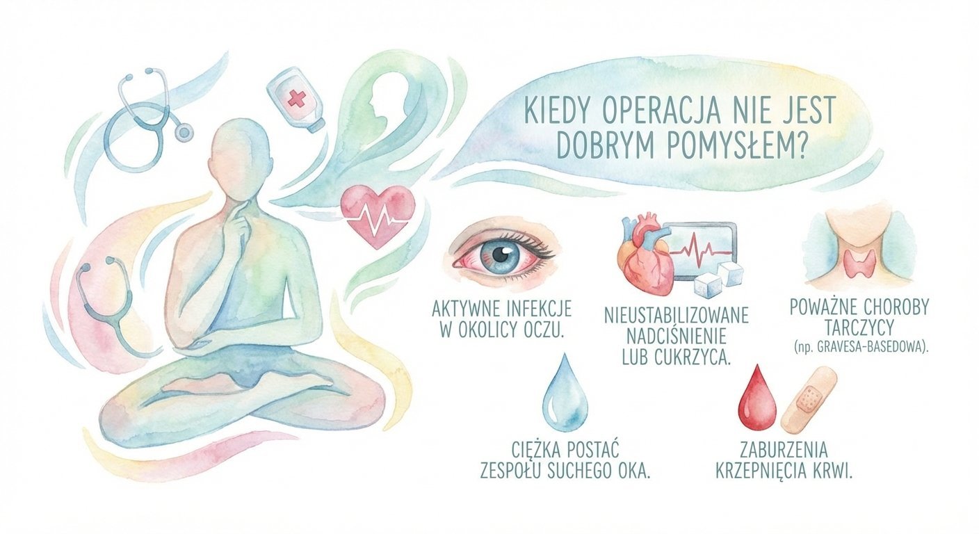 Grafika przedstawiająca przeciwwskazania do operacji: infekcje oka, zespół suchego oka, niestabilne nadciśnienie, cukrzyca, choroby tarczycy i zaburzenia krzepnięcia krwi.