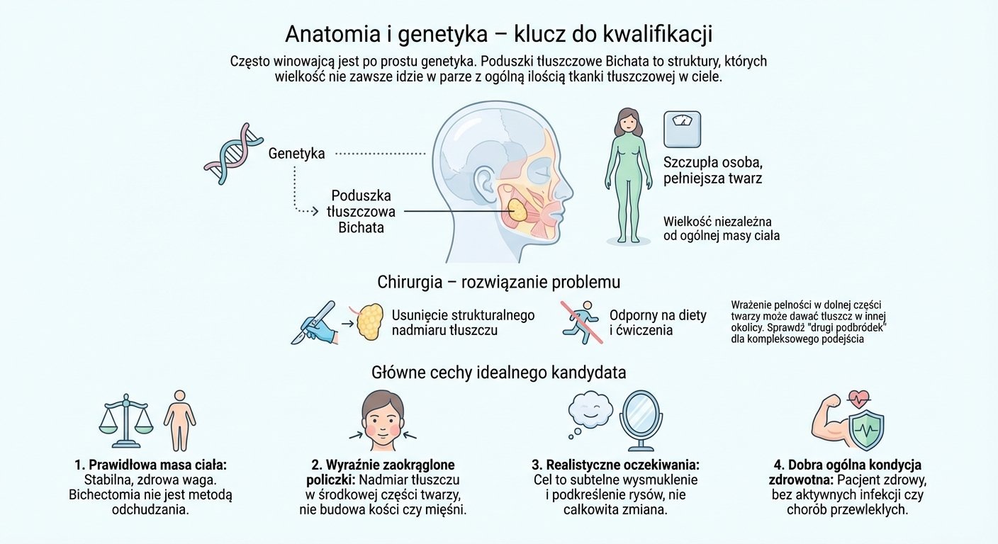 Infografika o bichektomii, ukazująca anatomię, kwalifikacje, procedurę chirurgiczną i cechy idealnego kandydata.