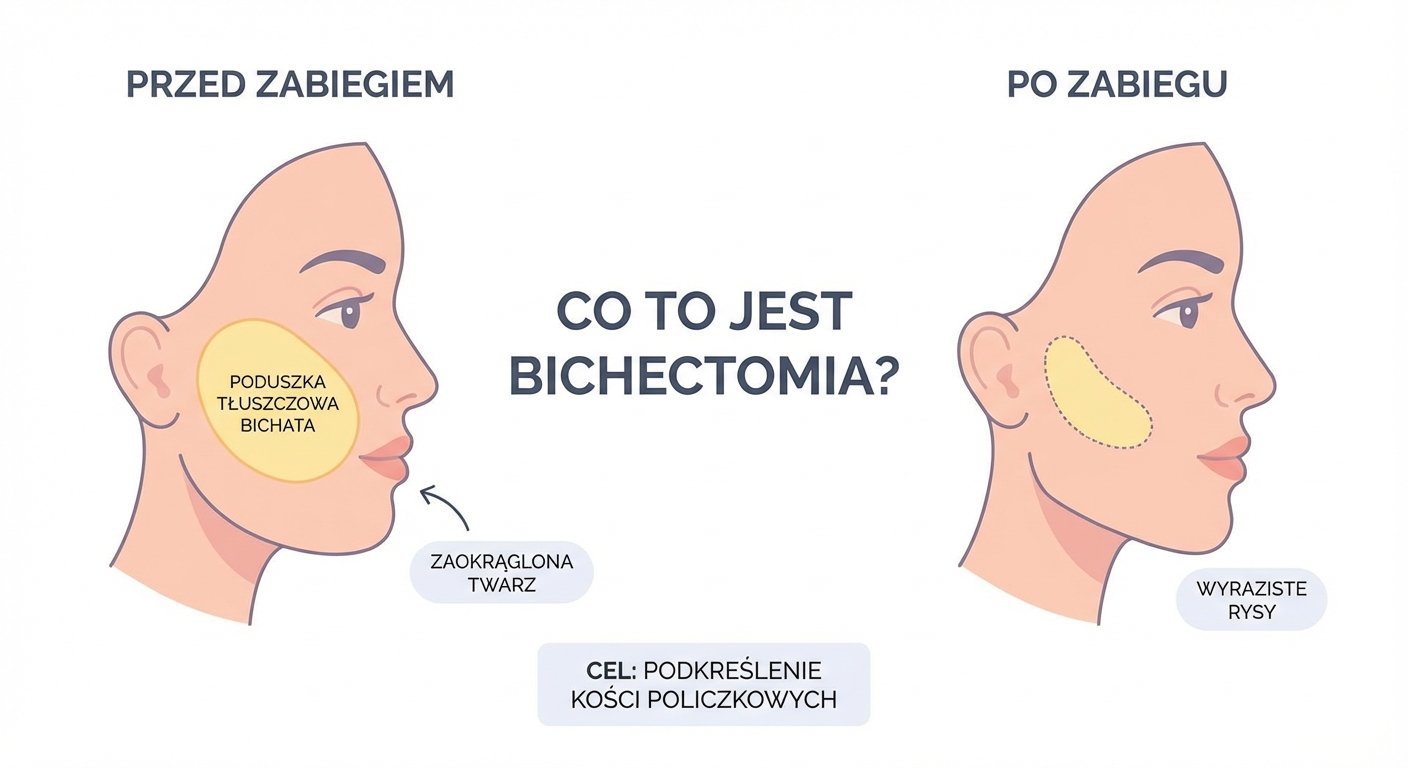 Diagram przedstawiający twarz przed i po bichektomii, ukazujący usunięcie poduszek tłuszczowych Bichata dla podkreślonych kości policzkowych.