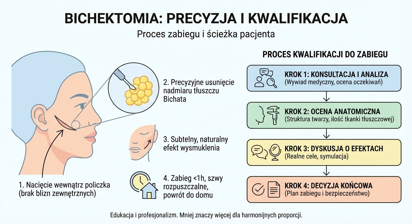 Diagram przedstawiający proces zabiegu bichektomii krok po kroku oraz kwalifikację pacjenta.