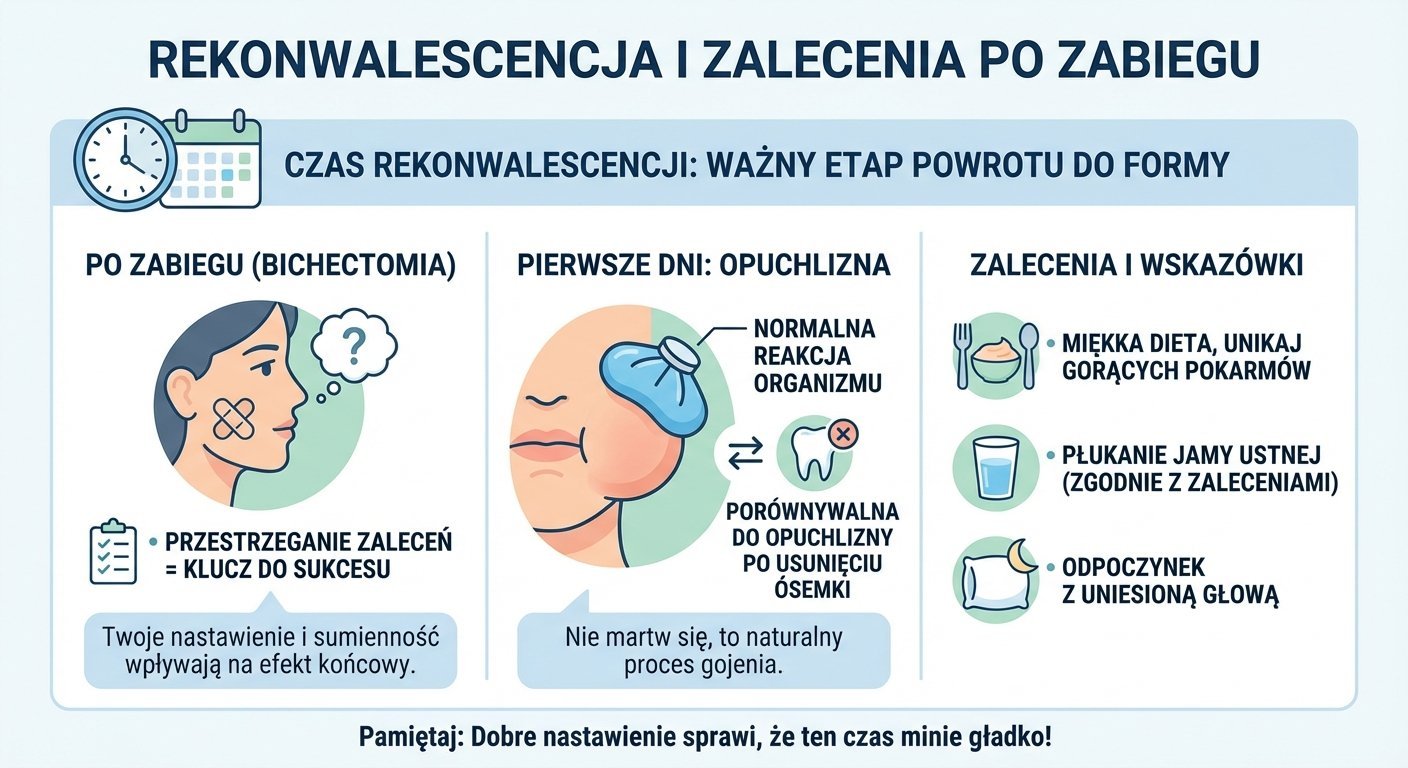 Infografika przedstawiająca zalecenia po zabiegu bichektomii, obejmujące opuchliznę, dietę i higienę jamy ustnej.