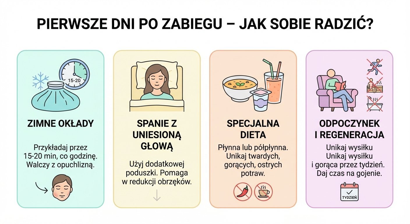 Infografika z czterema poradami po zabiegu: zimne okłady, spanie z uniesioną głową, specjalna dieta i odpoczynek.