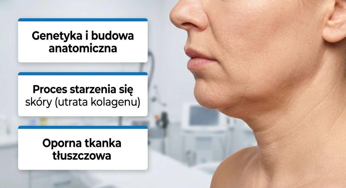 Kobieta z drugim podbródkiem i listą przyczyn: genetyka, starzenie się skóry, oporna tkanka tłuszczowa.