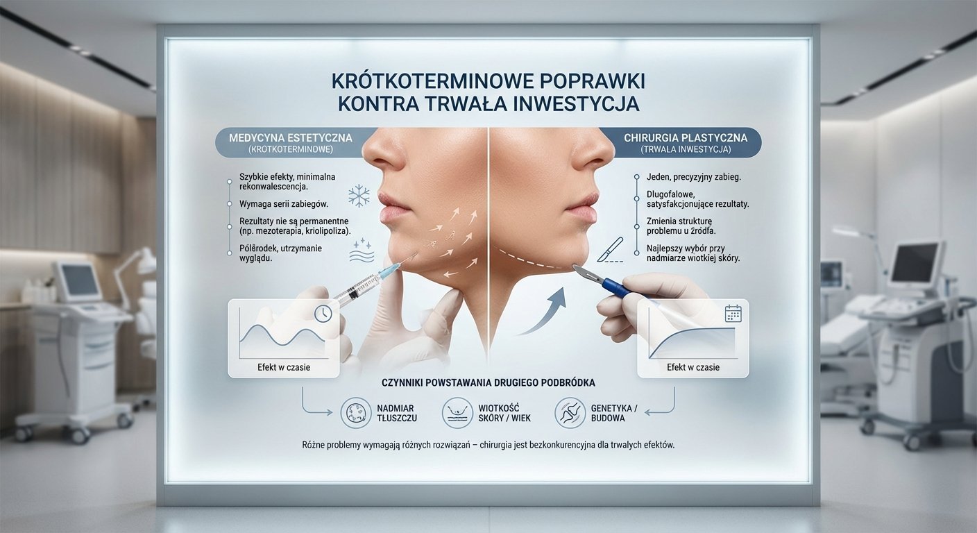Porównanie medycyny estetycznej i chirurgii plastycznej w leczeniu drugiego podbródka, przedstawiające efekty i przyczyny.