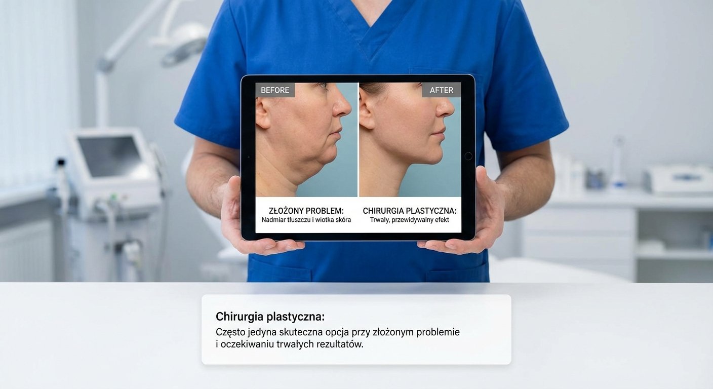 Lekarz prezentuje na tablecie zdjęcia przed i po operacji plastycznej redukującej drugi podbródek i wiotkość skóry, podkreślając trwałe efekty.