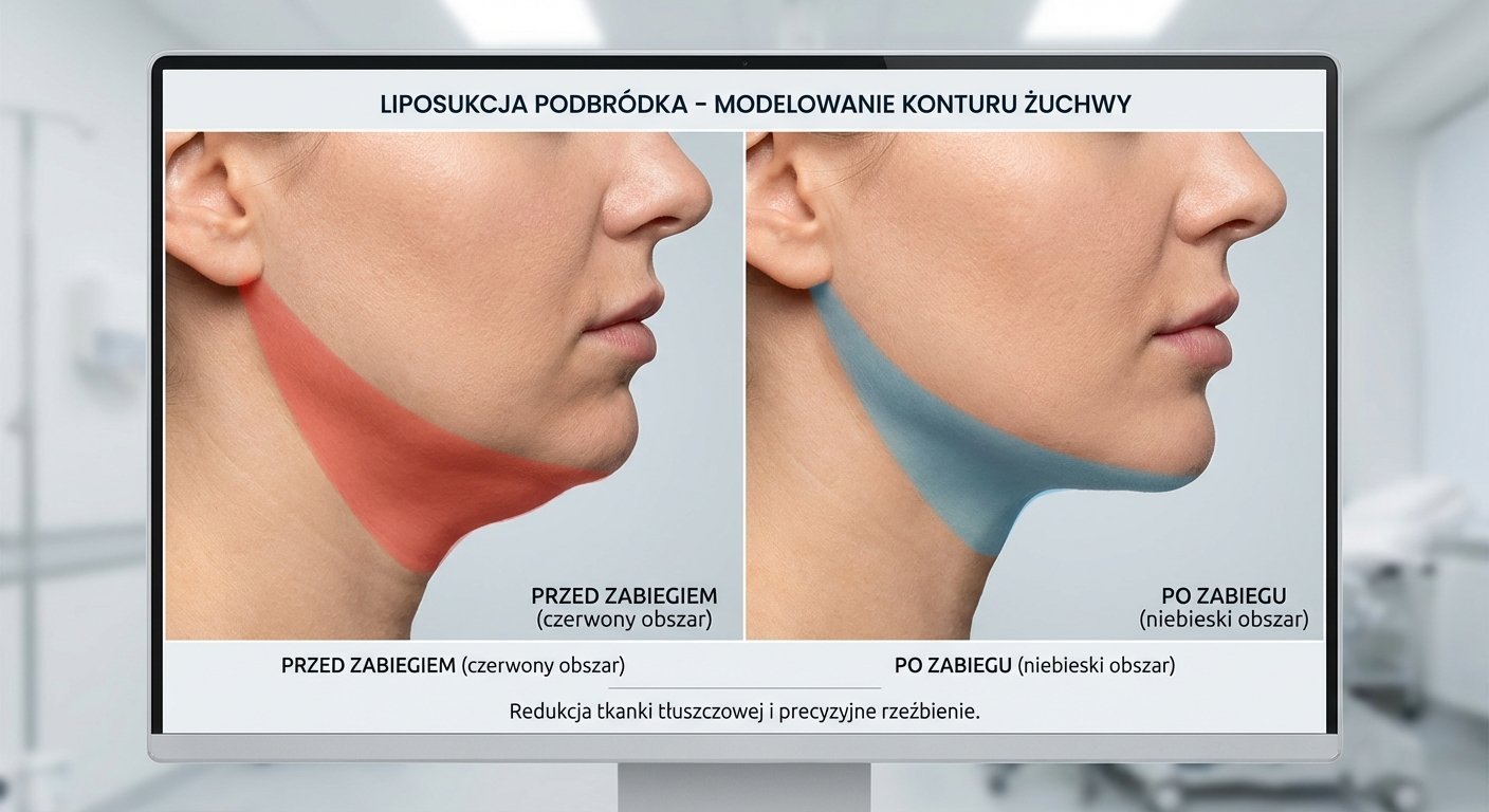 Porównanie podbródka przed i po liposukcji, z zaznaczonymi obszarami redukcji tkanki tłuszczowej.