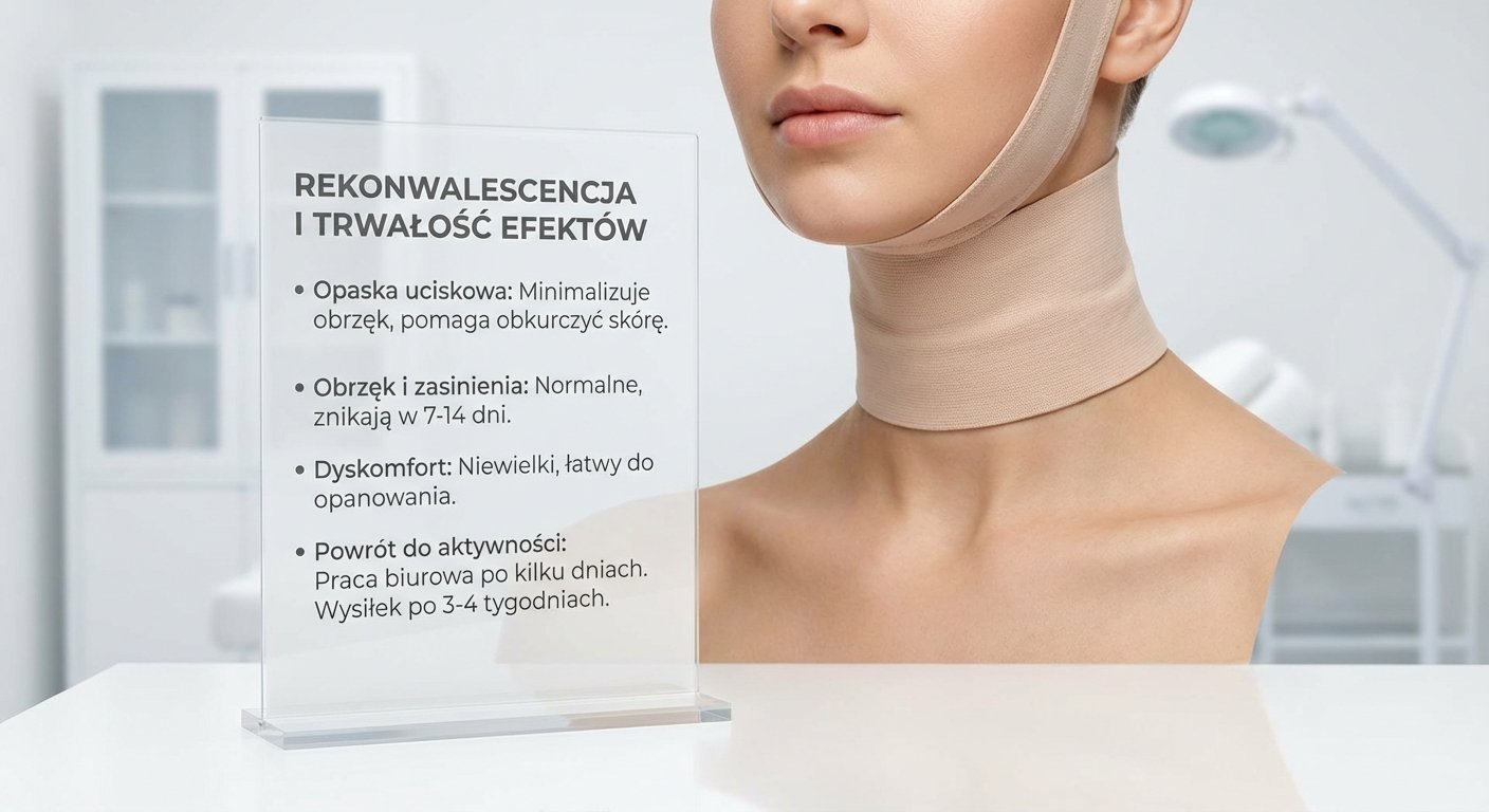 Kobieta z opaską uciskową na szyi i podbródku, obok infografika o rekonwalescencji po zabiegu.