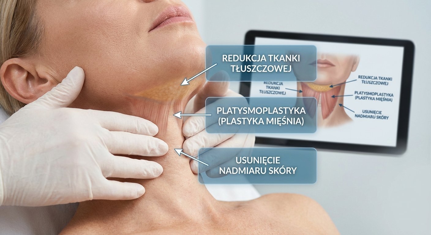 Lekarz bada szyję kobiety. Cyfrowe strzałki wskazują obszary redukcji tkanki tłuszczowej, plastyki mięśni, usuwania nadmiaru skóry.