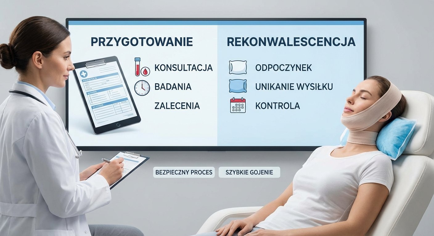 Lekarka objaśnia pacjentce etapy przygotowania i rekonwalescencji po zabiegu, w tym konsultację, badania i odpoczynek.