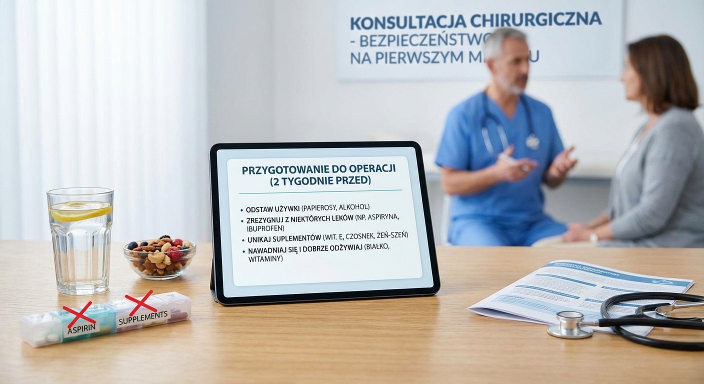 Stolik z tabletem pokazującym przygotowanie do operacji, lekami, wodą i pacjentką rozmawiającą z lekarzem.