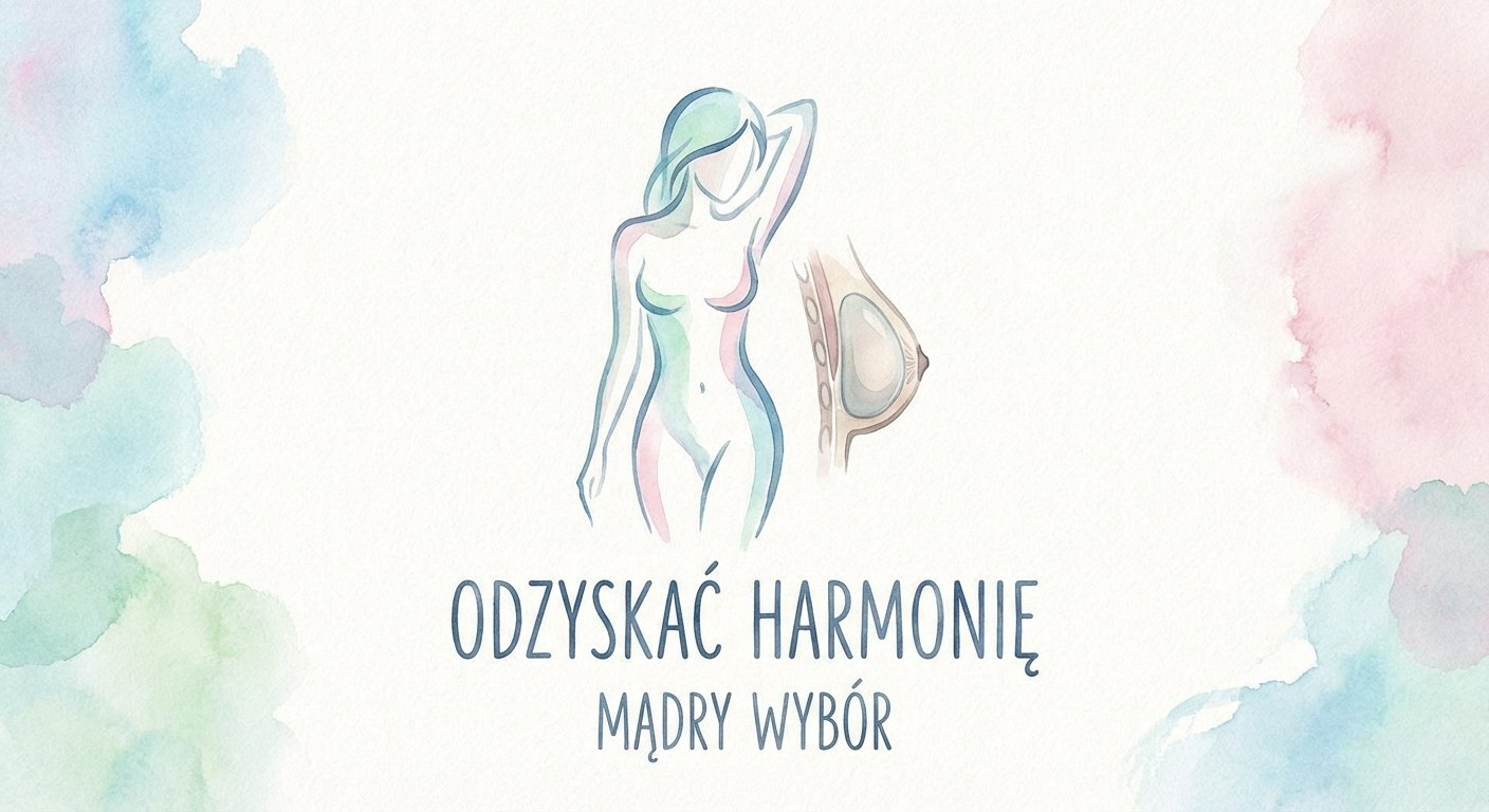 Akwalelowa ilustracja sylwetki kobiety i przekroju piersi z implantem na tle subtelnych plam. Napis: Odzyskać Harmonię, Mądry Wybór.