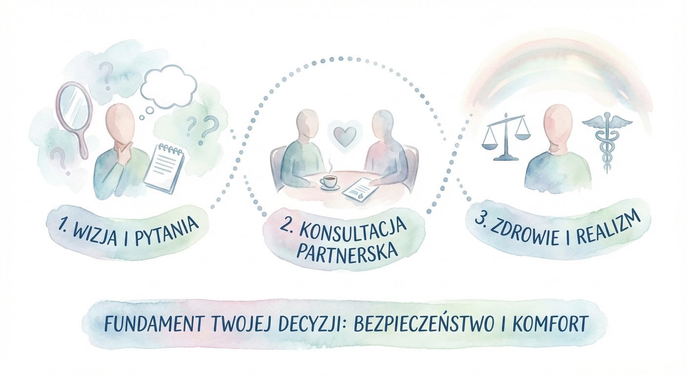 Trzyetapowy proces decyzyjny: wizja, konsultacja partnerska, zdrowie i realizm. Fundamentem jest bezpieczeństwo i komfort.