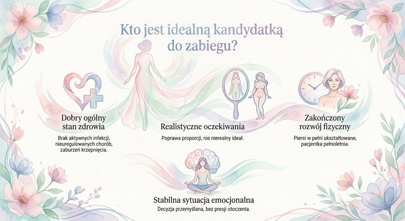 Obraz przedstawia kryteria idealnej kandydatki do zabiegu, obejmujące zdrowie, oczekiwania i stabilność emocjonalną.