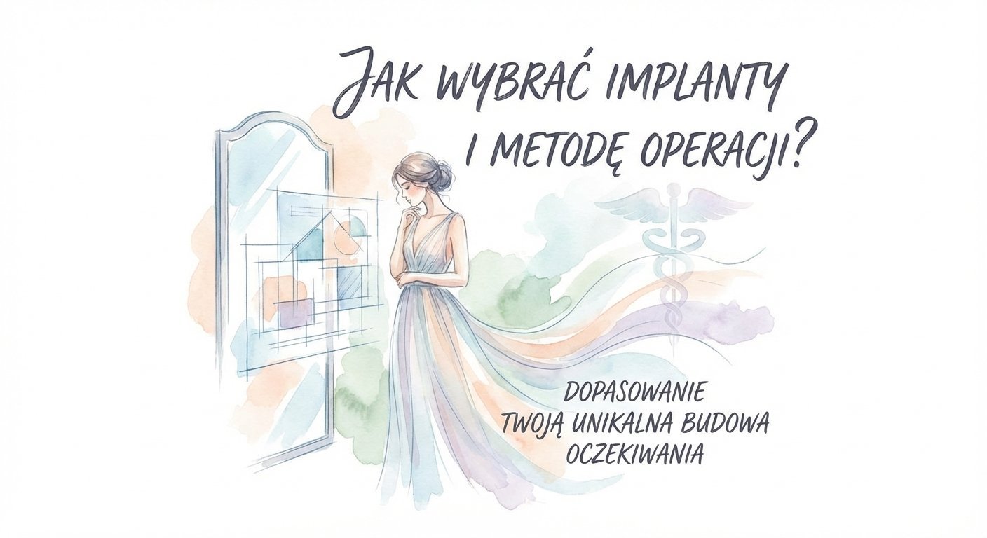 Ilustracja kobiety z pytaniem 'Jak wybrać implanty i metodę operacji?' oraz hasłami o dopasowaniu do unikalnej budowy i oczekiwań.
