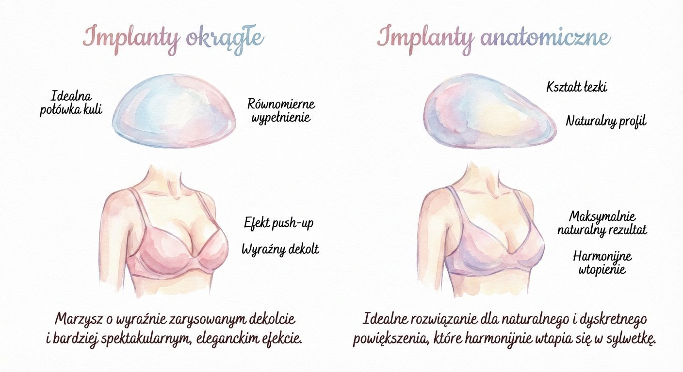 Porównanie implantów piersiowych: okrągłych i anatomicznych, prezentujące ich kształt oraz uzyskane efekty estetyczne.