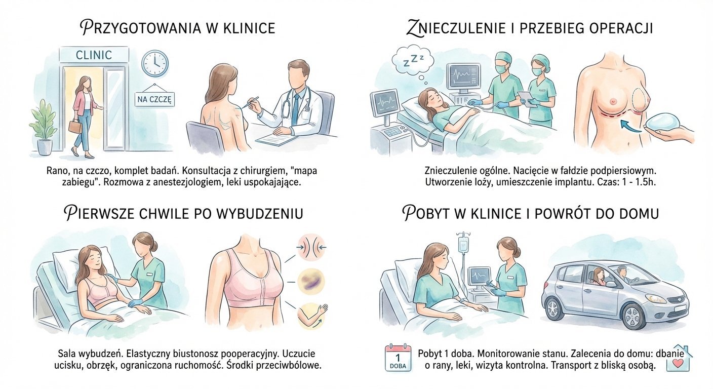 Grafika przedstawiająca etapy operacji powiększania piersi: od przygotowań w klinice, przez zabieg, po pierwsze chwile po wybudzeniu i powrót do domu.