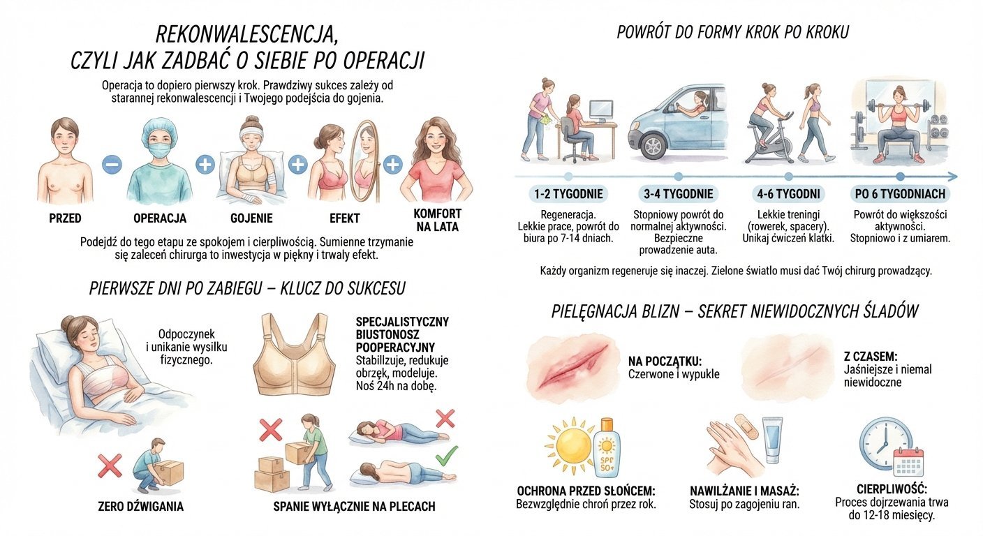 Infografika: Rekonwalescencja po operacji piersi – etapy gojenia, powrót do aktywności i pielęgnacja blizn.