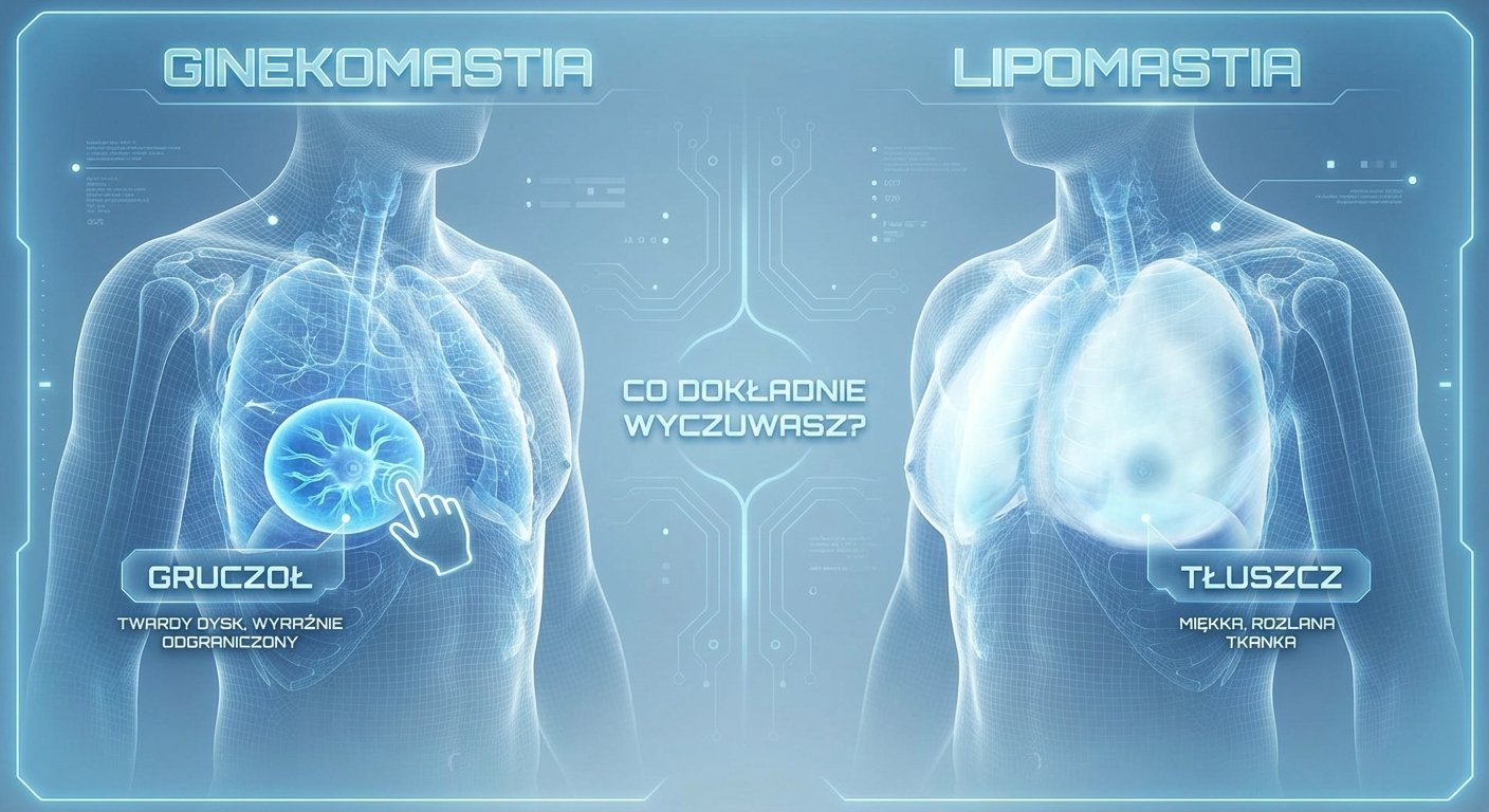 Grafika porównująca ginekomastię i lipomastię, przedstawiająca różnice w strukturze piersi: gruczoł twardy versus miękka tkanka tłuszczowa.