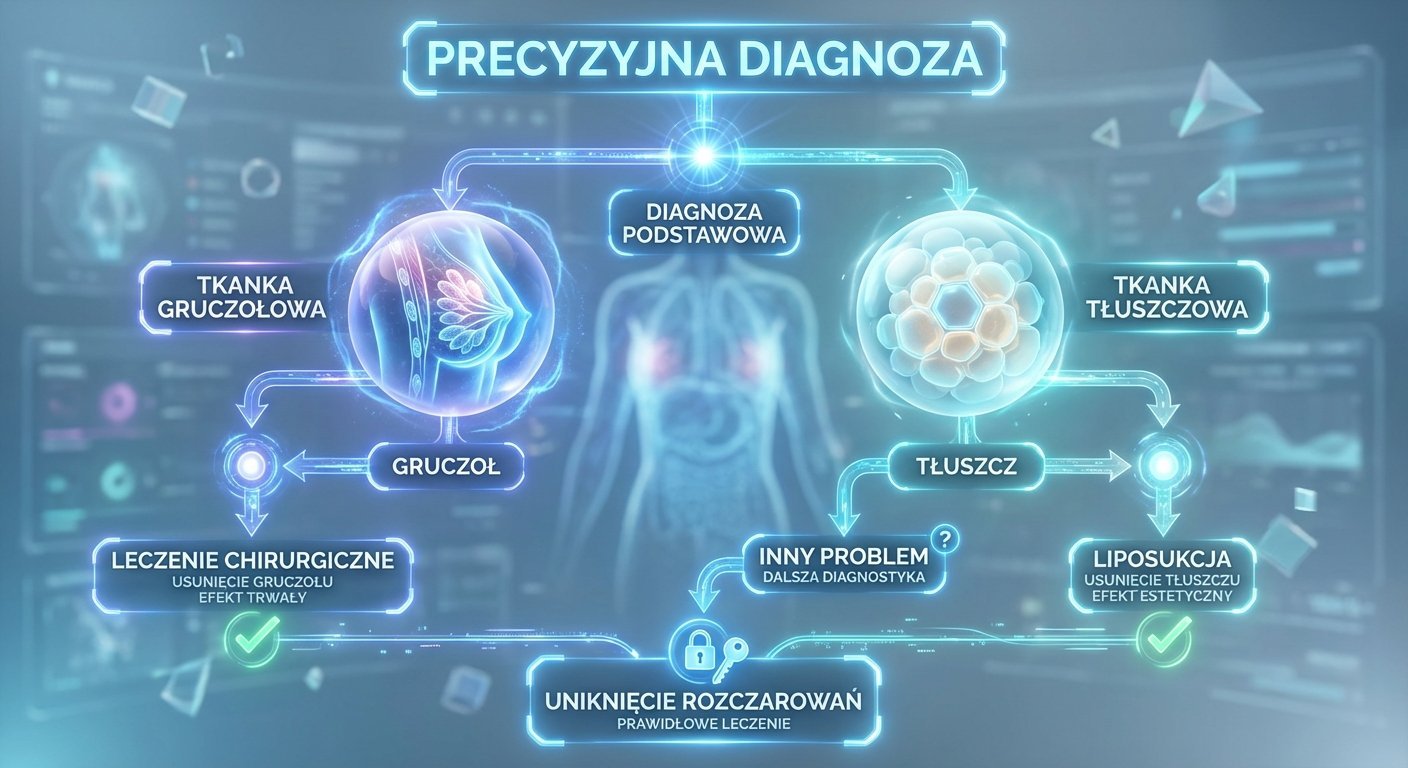 Schemat przedstawiający precyzyjną diagnostykę ginekomastii, rozróżniającą tkankę gruczołową i tłuszczową, z różnymi ścieżkami leczenia.