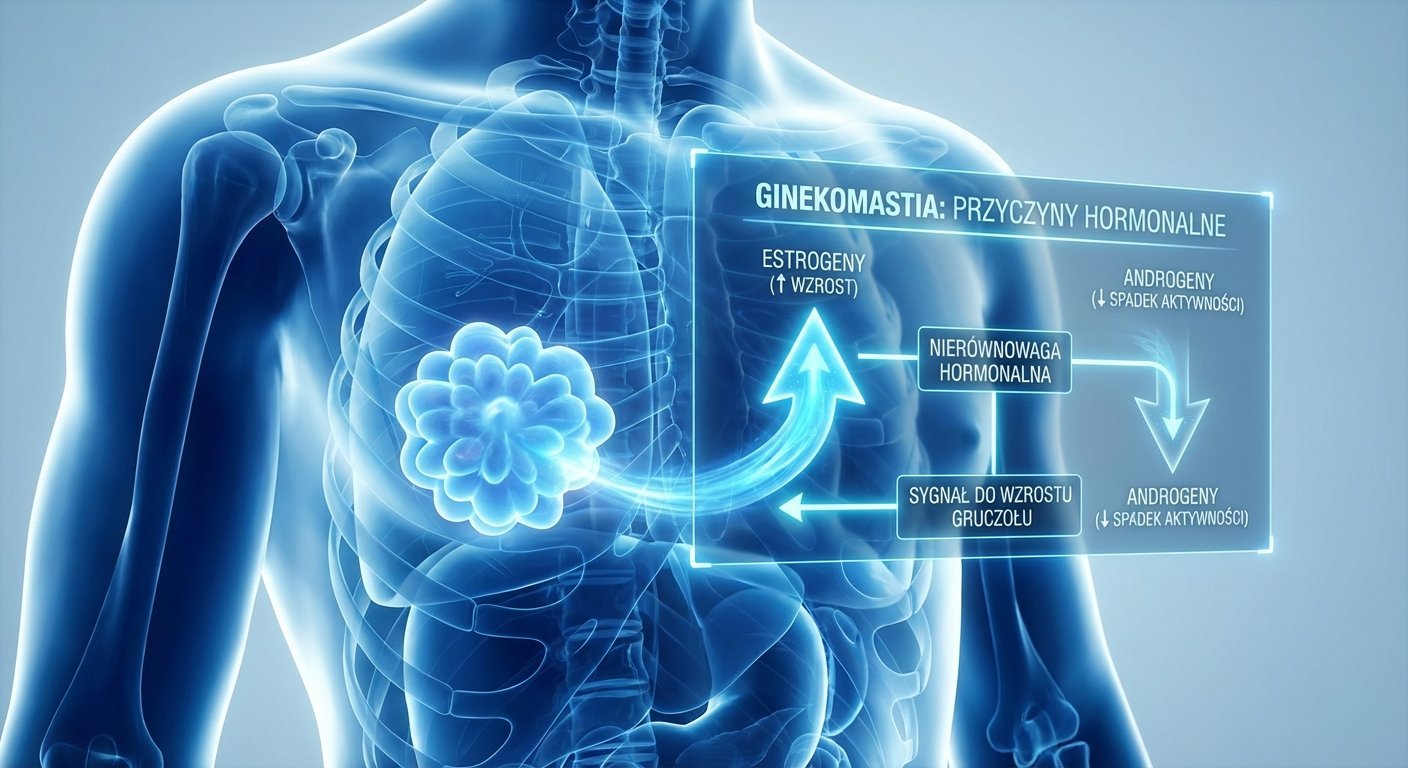 Schemat medyczny przedstawiający męski tors i diagram wyjaśniający hormonalne przyczyny ginekomastii, w tym rolę estrogenów i androgenów.