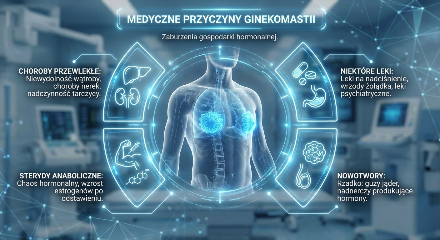 Infografika przedstawiająca medyczne przyczyny ginekomastii, w tym choroby przewlekłe, leki, sterydy i nowotwory.