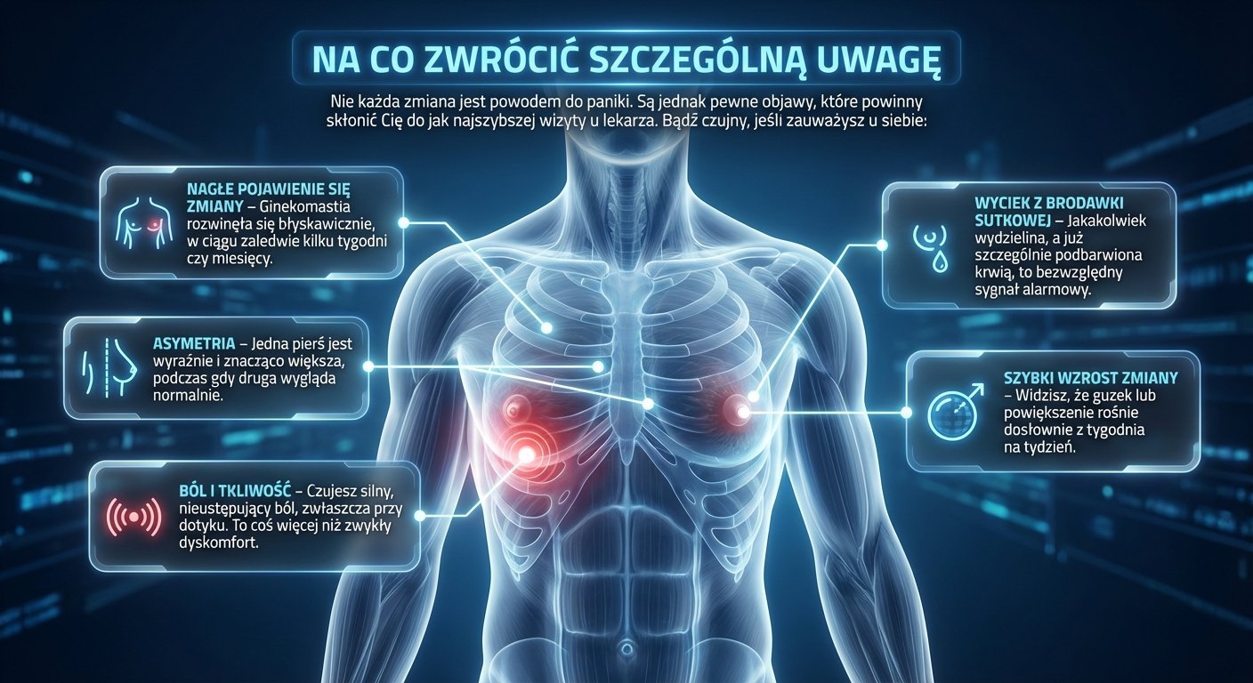 Ilustracja mężczyzny z podświetlonymi piersiami i objawami ginekomastii, wymagającymi uwagi lekarskiej.