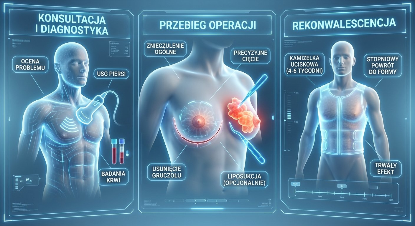 Infografika przedstawiająca etapy leczenia ginekomastii: konsultacja, diagnostyka, przebieg operacji oraz rekonwalescencja po zabiegu.