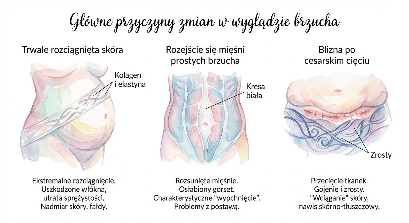 Ilustracja przedstawiająca trzy główne przyczyny zmian w wyglądzie brzucha: rozciągnięta skóra, rozejście mięśni, blizna po cesarskim cięciu.