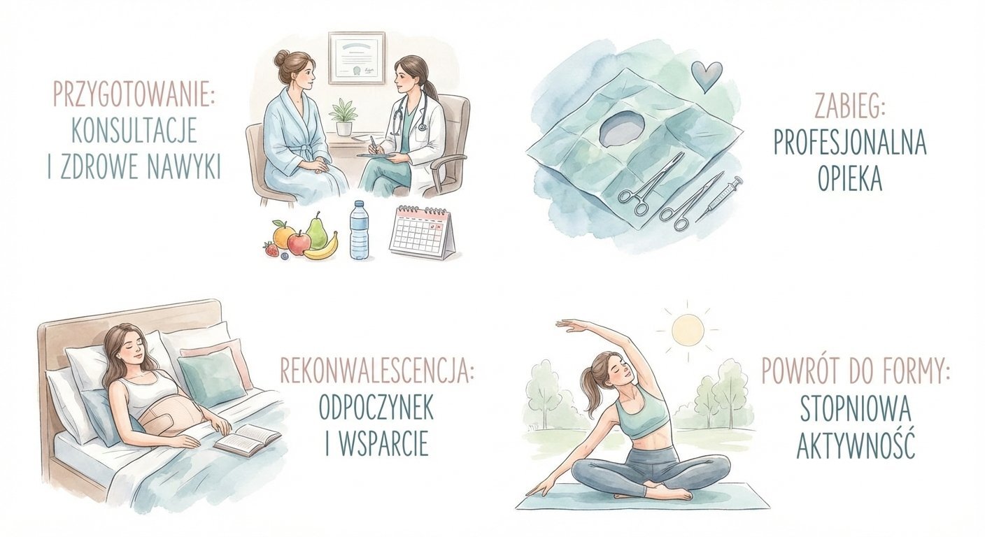 Ilustracja przedstawiająca cztery etapy: przygotowanie, zabieg, rekonwalescencję i powrót do formy po operacji.
