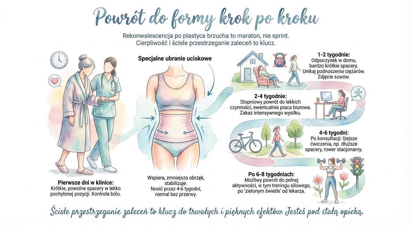 Etapy rekonwalescencji po plastyce brzucha: od kliniki po pełną aktywność fizyczną, tydzień po tygodniu.
