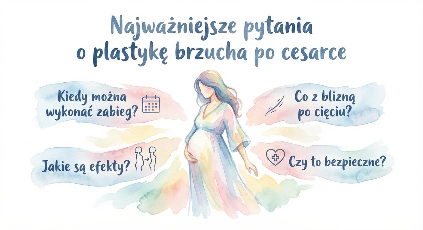 Grafika przedstawiająca kobietę w ciąży i najważniejsze pytania o plastykę brzucha po cesarce, dotyczące zabiegu, blizny, efektów i bezpieczeństwa.