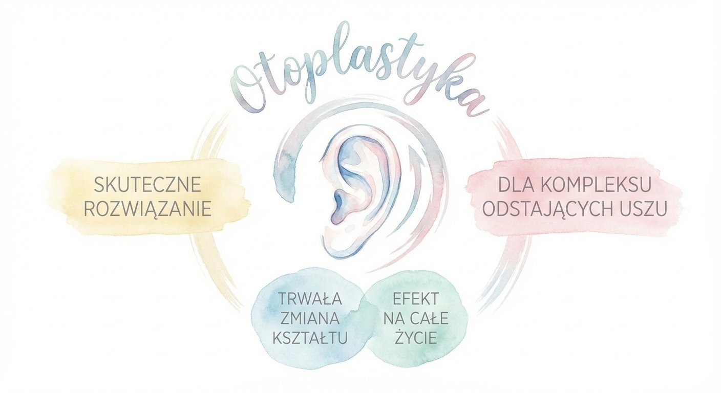 Grafika przedstawiająca otoplastykę jako skuteczne i trwałe rozwiązanie dla odstających uszu z efektem na całe życie.