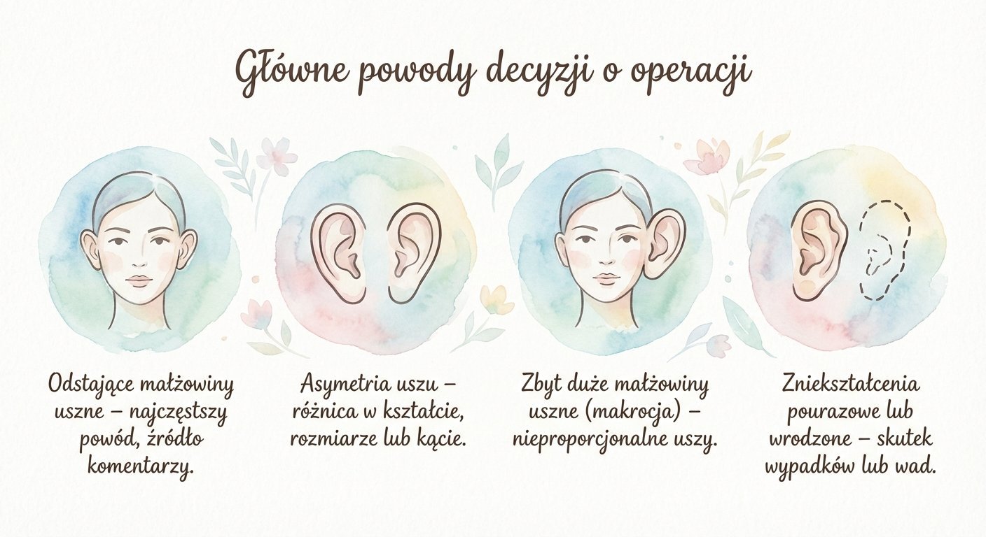 Infografika przedstawiająca cztery główne powody decyzji o operacji plastycznej uszu: odstające, asymetryczne, zbyt duże i zniekształcone uszy.