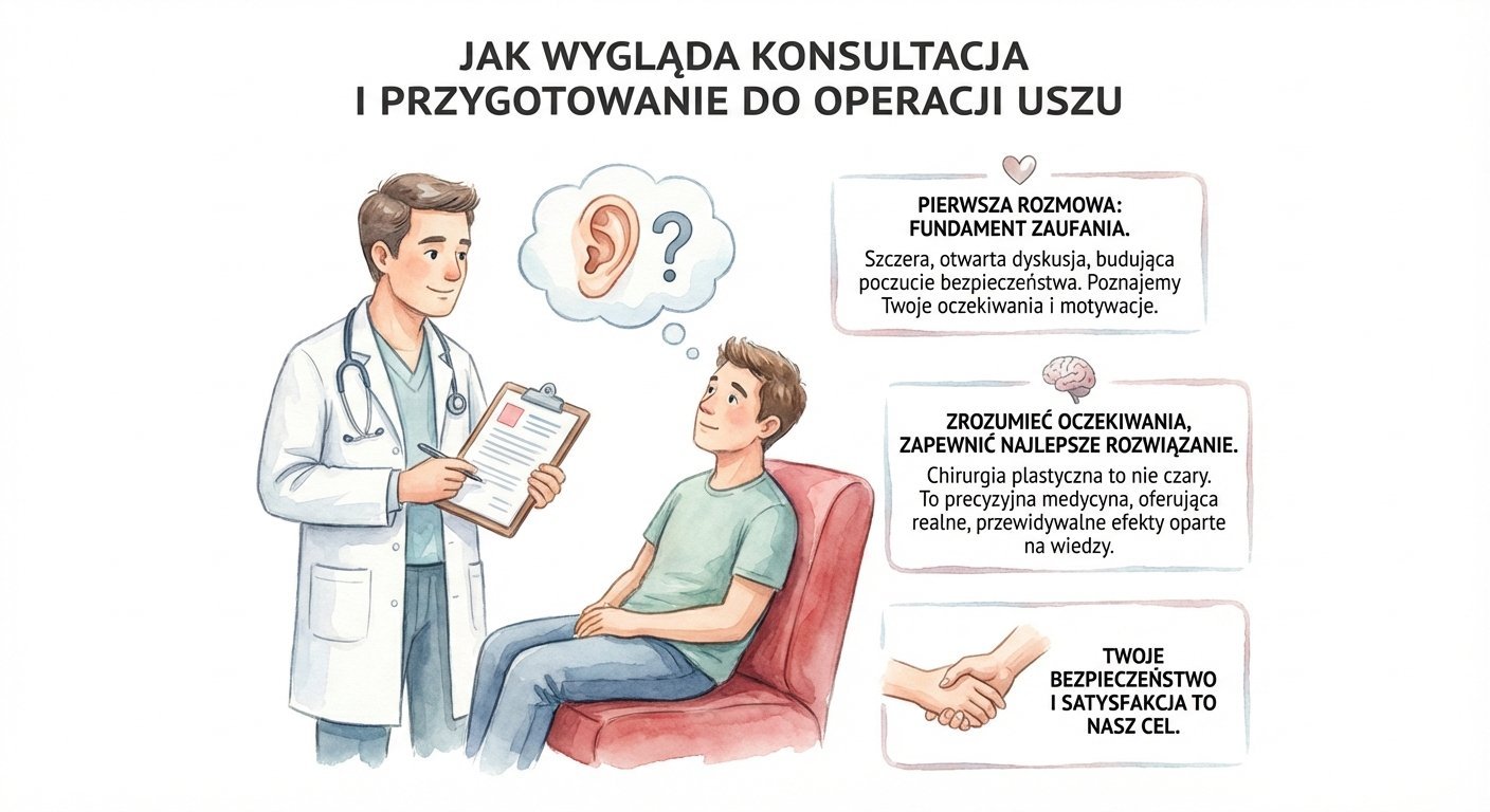 Ilustracja przedstawiająca lekarza konsultującego pacjenta przed operacją uszu, podkreślająca zaufanie, zrozumienie i bezpieczeństwo.