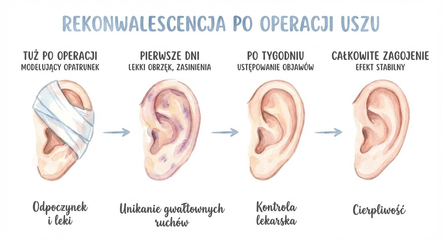 Infografika przedstawiająca etapy rekonwalescencji po operacji uszu, od bandażu po pełne zagojenie.