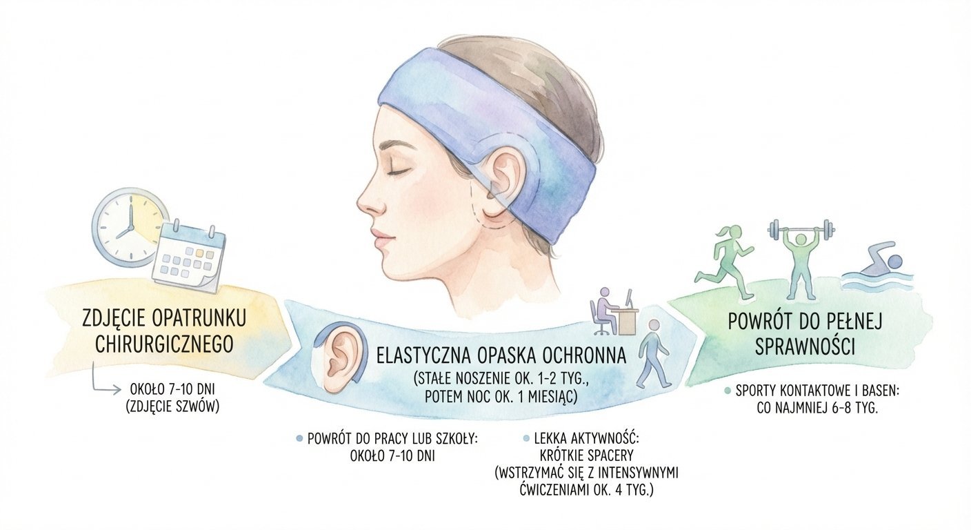 Infografika przedstawiająca etapy rekonwalescencji po operacji plastycznej uszu, od zdjęcia opatrunku do pełnej sprawności.
