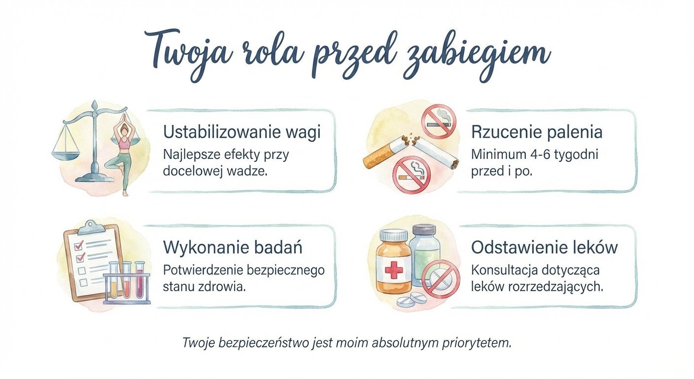 Infografika przedstawiająca kluczowe etapy przygotowania do zabiegu: stabilizacja wagi, rzucenie palenia, wykonanie badań i odstawienie leków.