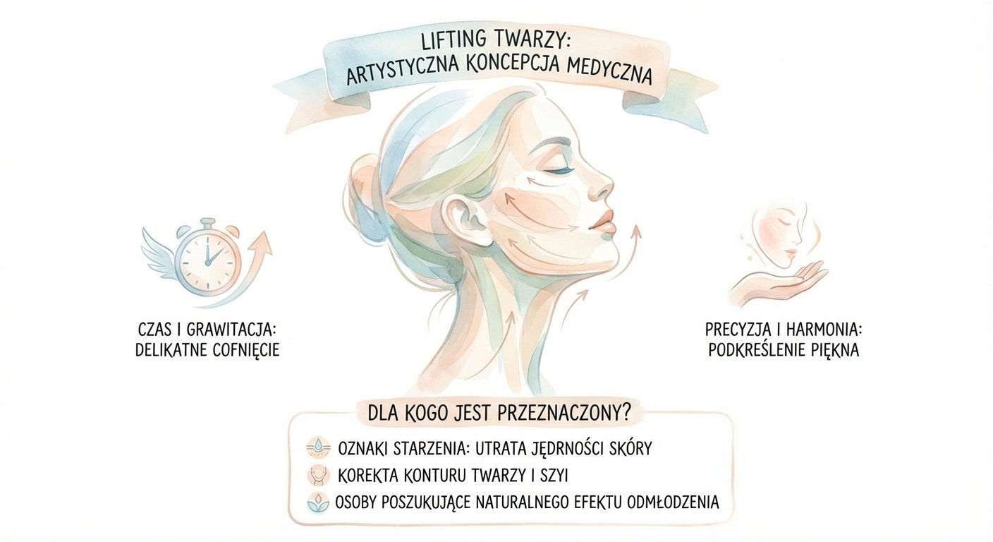 Ilustracja koncepcji liftingu twarzy, prezentująca artystyczne podejście medyczne oraz wskazania do zabiegu, takie jak utrata jędrności skóry.