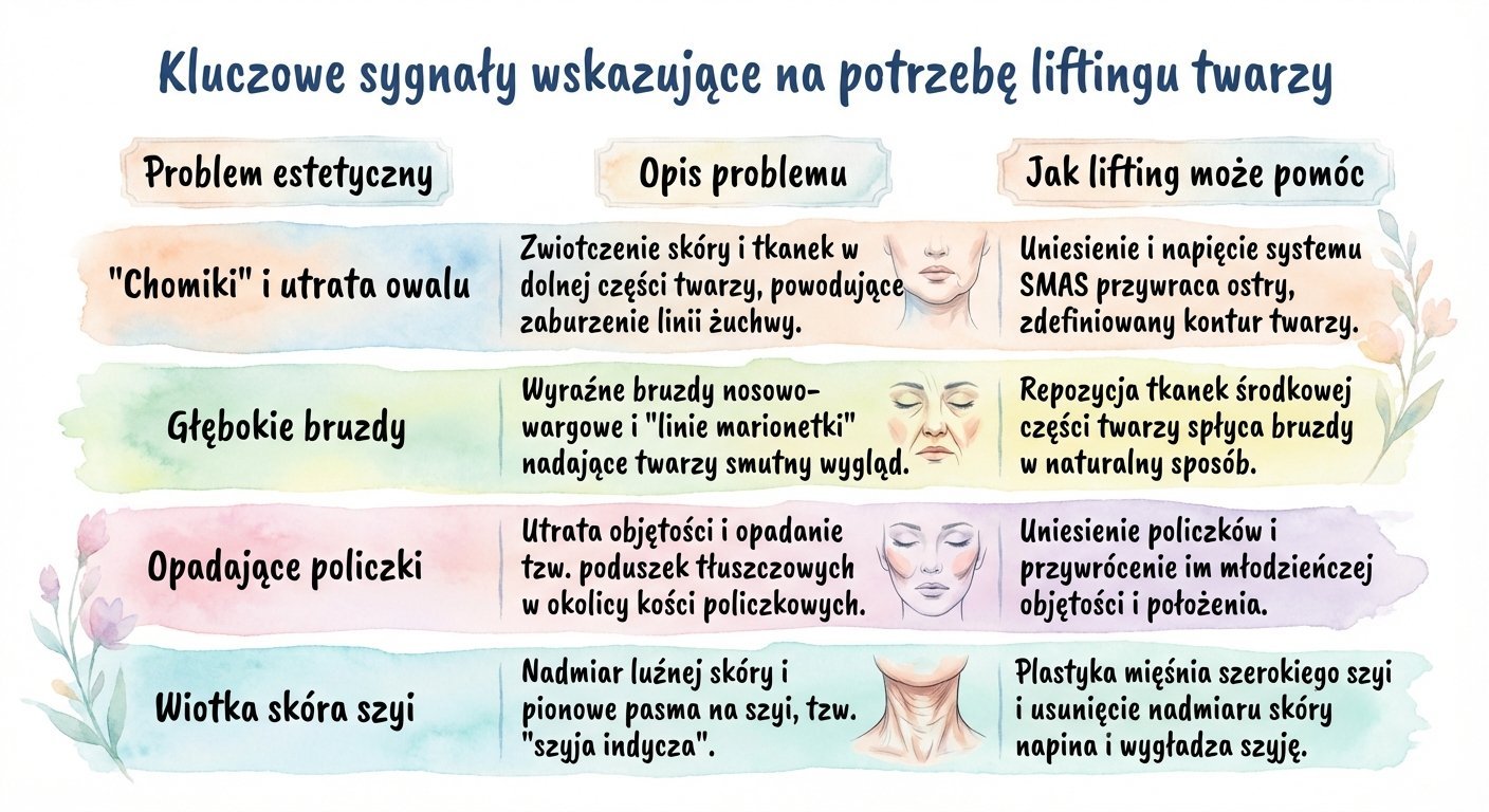 Infografika przedstawiająca kluczowe sygnały wskazujące na potrzebę liftingu twarzy wraz z opisem problemów i ich rozwiązaniami.