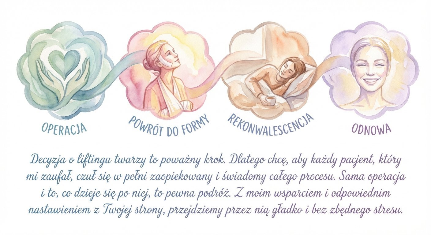 Grafika przedstawia cztery etapy procesu liftingu twarzy: operację, powrót do formy, rekonwalescencję i odnowę.
