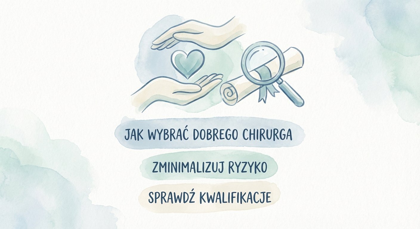Ilustracja z rękami, sercem, lupą i dyplomem, obok wskazówki jak wybrać dobrego chirurga.
