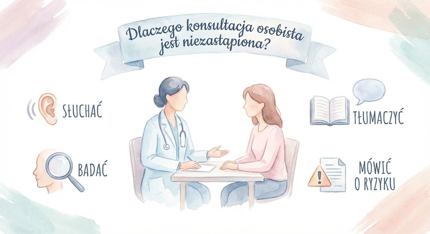 Ilustracja przedstawiająca lekarza i pacjenta podczas konsultacji, podkreślająca jej zalety: słuchanie, badanie, tłumaczenie i mówienie o ryzyku.