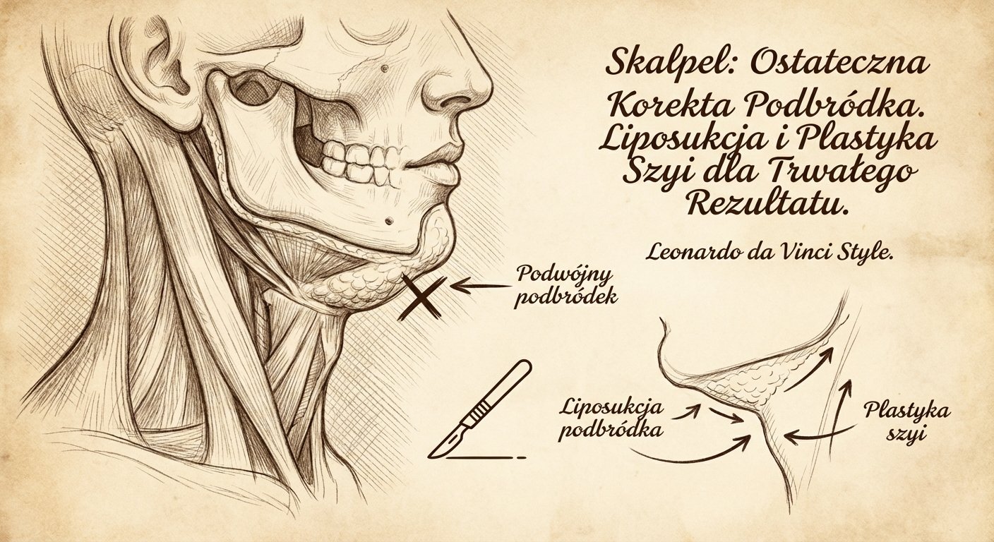 Anatomiczny rysunek szyi z podwójnym podbródkiem oraz schematy liposukcji i plastyki szyi.