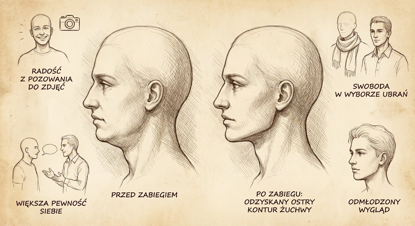 Porównanie wyglądu twarzy i szyi mężczyzny przed i po zabiegu poprawiającym kontur żuchwy, z wizualizacją korzyści.