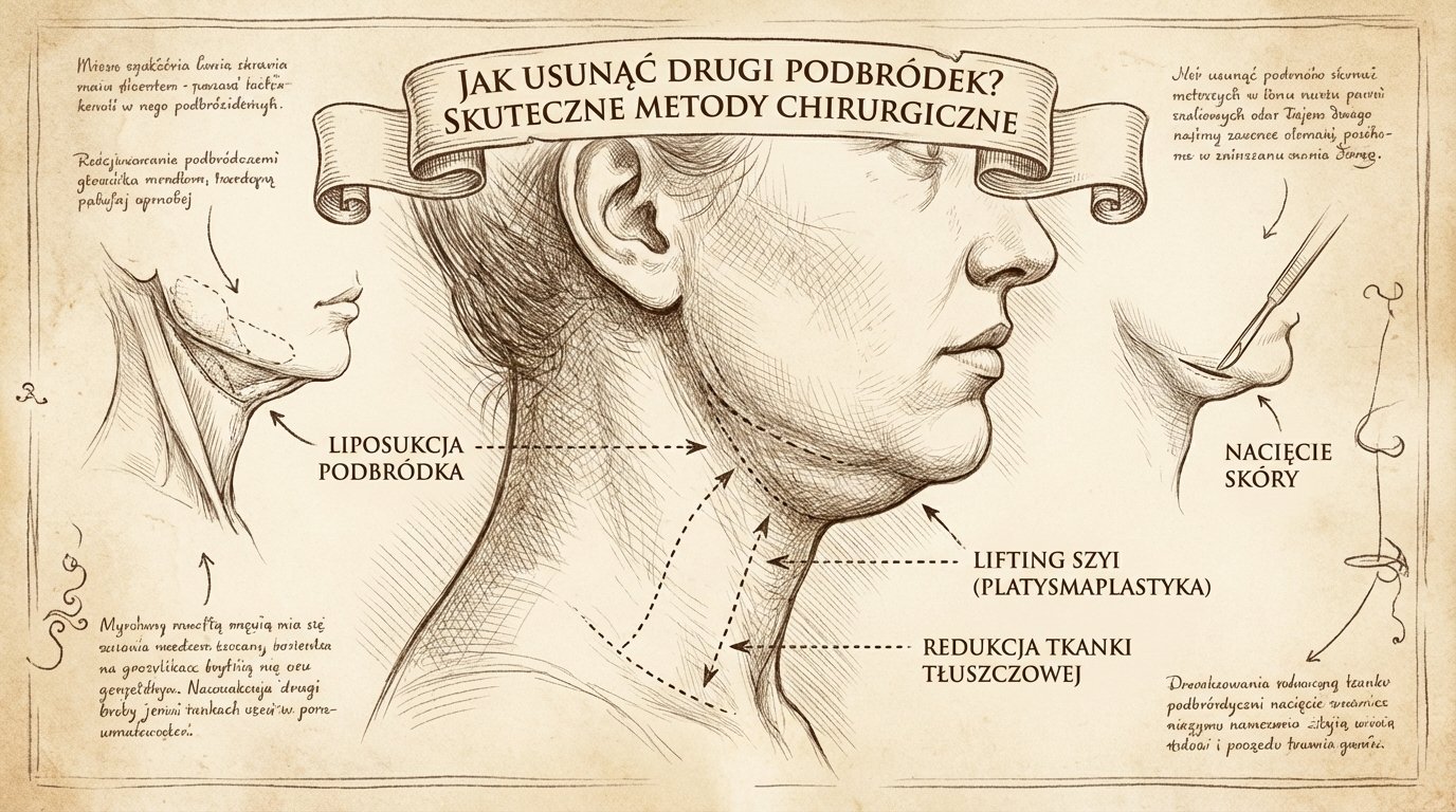Ilustracja medyczna przedstawiająca chirurgiczne metody usuwania drugiego podbródka: liposukcja, lifting szyi, redukcja tkanki tłuszczowej.